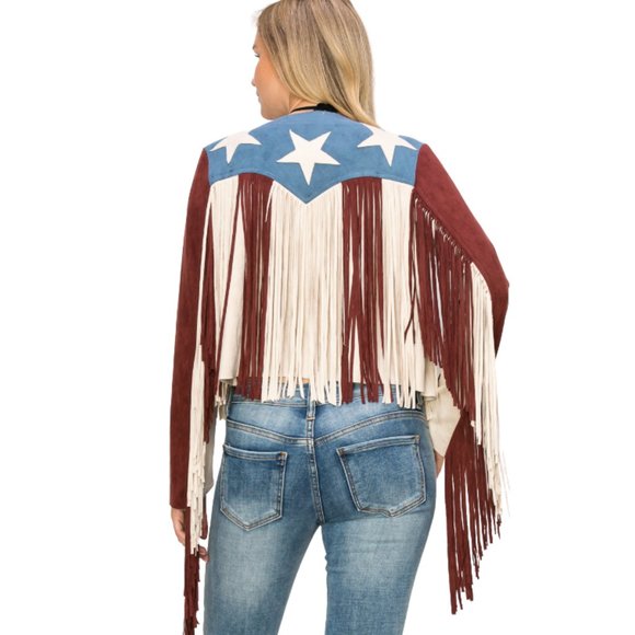 VOCAL APPAREL Fringe Ultrasuede Cropped American Flag Western Jacket S-XL NWT - Picture 2 of 12